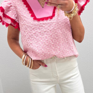 Blusa Rosa Encaje Manga Volado