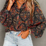 Camisa Negro Floral Manga Abullonada