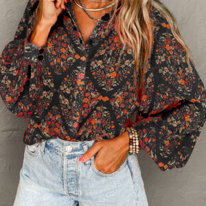 Camisa Negro Floral Manga Abullonada