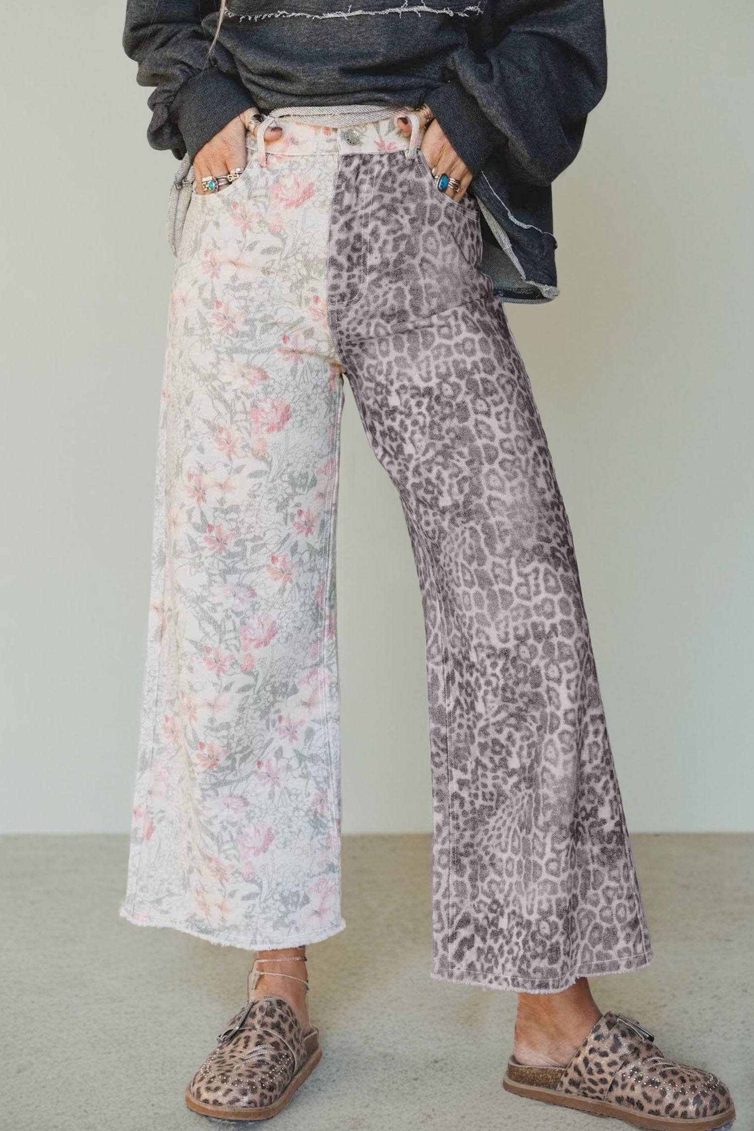 Jean Multicolor Retro Floral Animal Print Leopardo