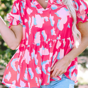 Blusa Rosa Fruncido Elástico Manga Abullonada Escote V