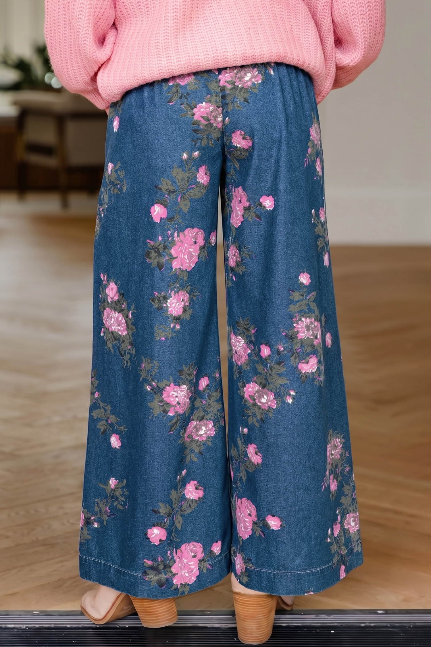 Jean Azul Retro Floral Estampado Con Atado Elástico Cintura - Image 2