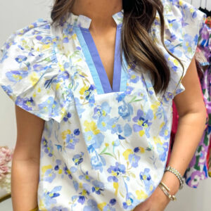 Blusa Azul Celeste Floral Escote V