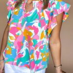 Blusa Multicolor Estampado Abstracto Manga Volado