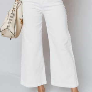 Jean Blanco Con Perlas Con Aplique Lateral Con Costura Al