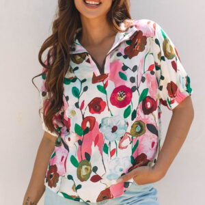 Blusa Rosa Floral Manga Corta Escote V