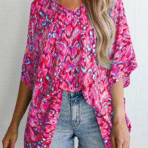 Blusa Rosa Estampado Abstracto Manga Corta Suelta Escote V