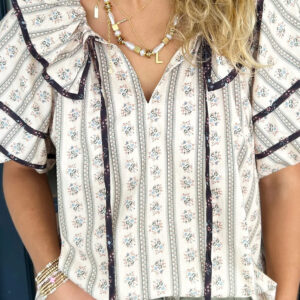 Blusa Blanco Con Volados Manga Abullonada Con Cuello