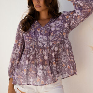 Blusa Azul Boho Manga 3/4 Estilo Babydoll