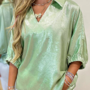 Blusa Aqua Metalizado Manga Corta Escote V