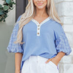 Blusa Celeste Combinado Manga Globo
