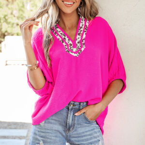 Blusa Rojo Rosado Manga Corta Escote V