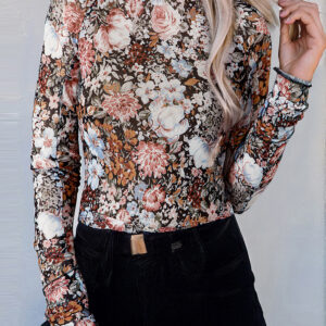 Blusa Marrón Floral Manga Larga Cuello Alto