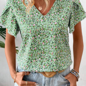 Blusa Verde Floral Manga Corta Escote V
