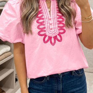 Blusa Rosa Boho Manga Abullonada