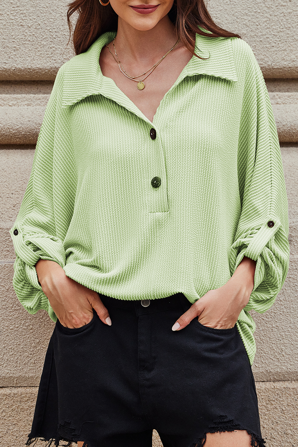 Top Aqua Acanalado Oversize Con Cuello