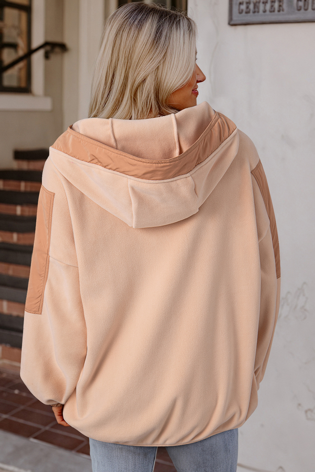 Hoodie Beige Francés Claro Patchwork Oversize Con Cierre - Image 2