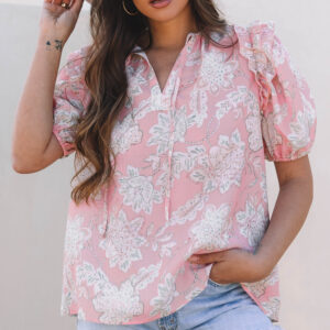 Blusa Rosa Floral Manga Abullonada Suelta Escote V