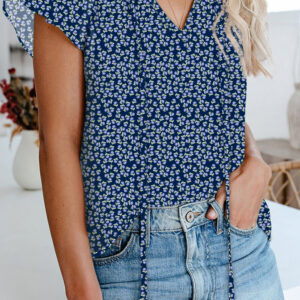 Blusa Azul Manga Corta Escote V