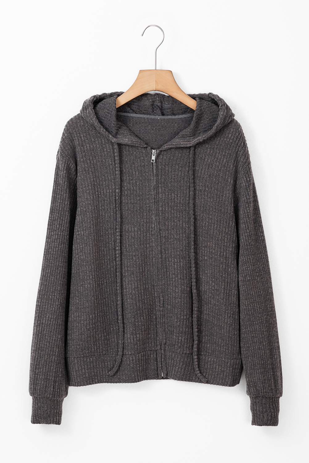 Hoodie Gris Oscuro Acanalado Con Cierre - Image 6
