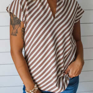 Blusa Castaño A Rayas Manga Corta Escote V