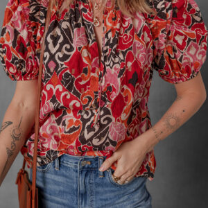 Blusa Rojo Manga Abullonada Escote con Abertura