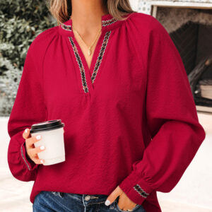 Blusa Rojo Intenso Con Textura Escote V