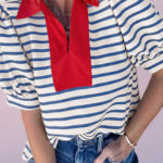 Blusa Azul a Rayas Combinado Manga Abullonada Con Cuello