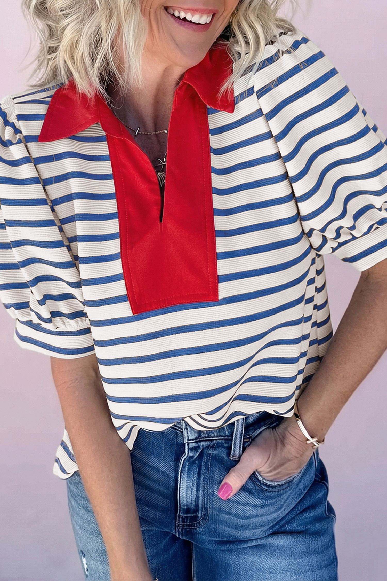 Blusa Azul a Rayas Combinado Manga Abullonada Con Cuello