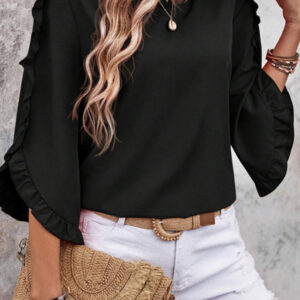 Blusa Negro Con Volados Manga 3/4 Cuello Redondo