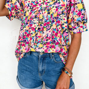 Blusa Rosa Manga Abullonada Con Cuello