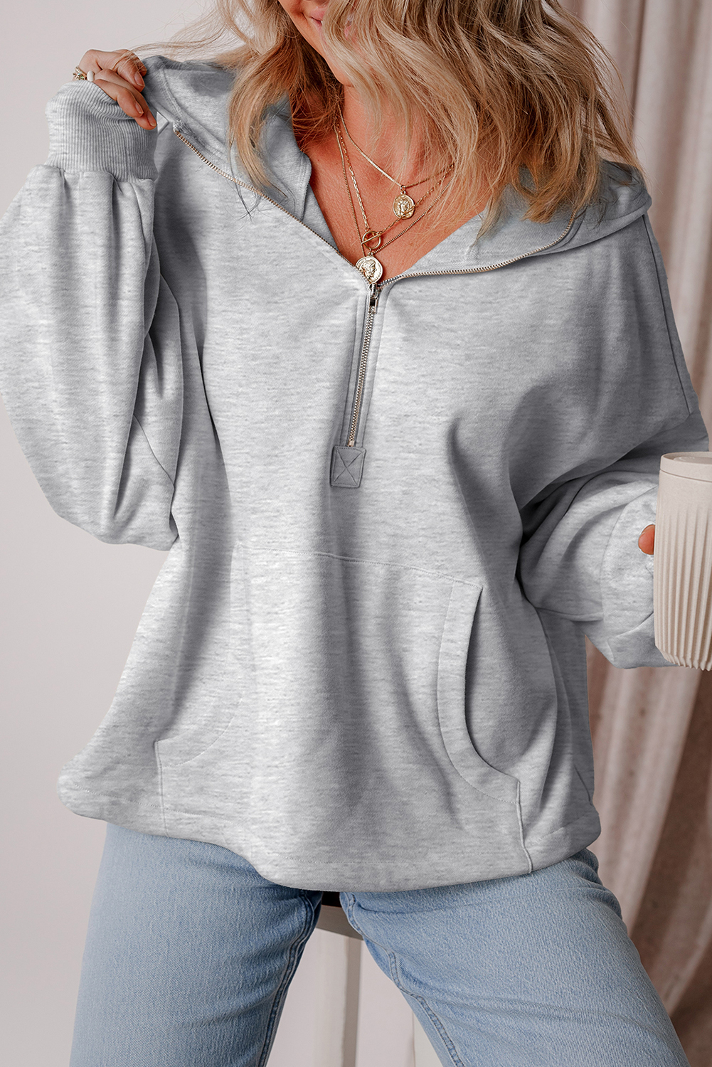 Hoodie Gris Claro Frisado Suelto Con Cierre - Image 4