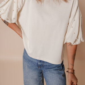Blusa Blanco Manga Abullonada Suelta Cuello Redondo