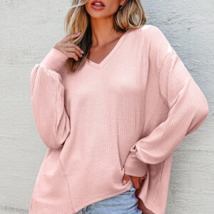 Blusa Rosa Claro Manga Larga Suelta Escote V
