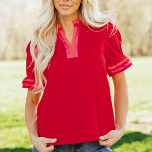 Blusa Rojo Fuego Con Volados Manga Corta Con Cuello