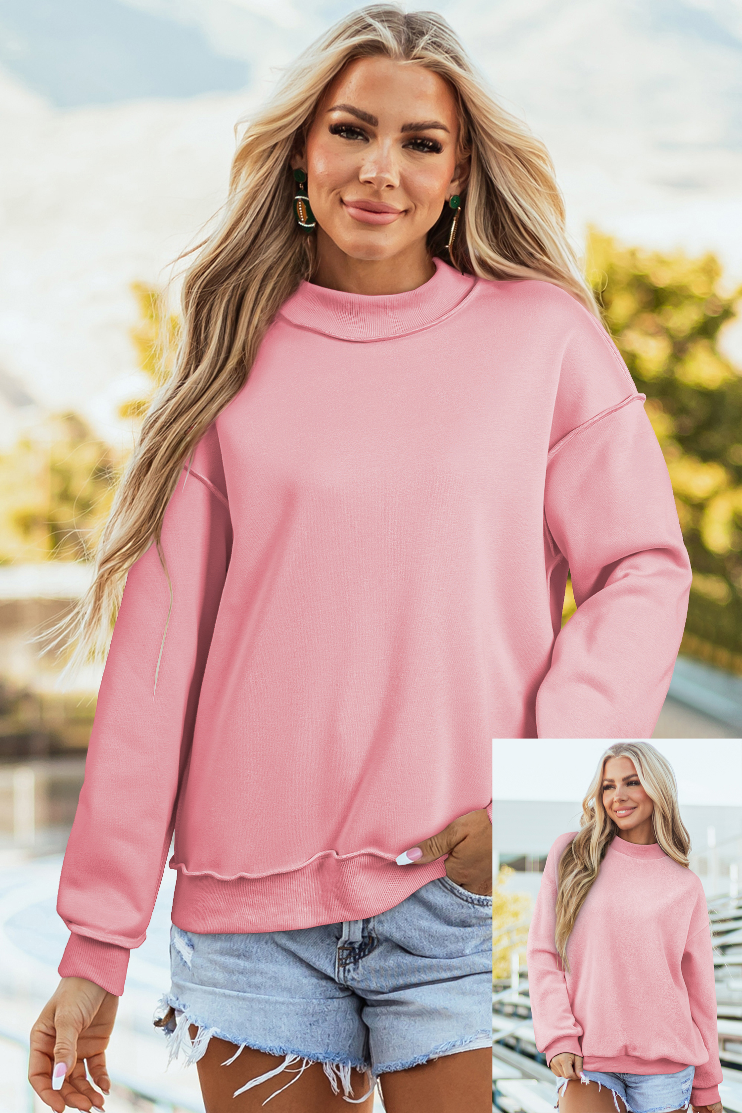 Buzo Rosa Claro Hombro Caído Oversize Cuello Alto
