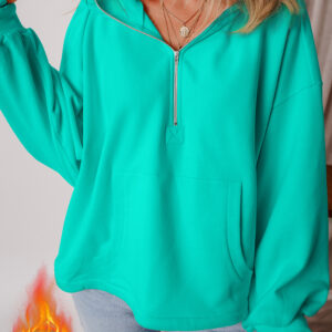 Hoodie Turquesa Frisado Suelto Con Cierre