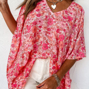 Blusa Rosa Floral Escote V