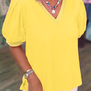 Blusa Amarillo Liso Manga Abullonada Escote V