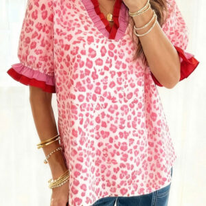 Blusa Rosa a Rayas Con Volados Manga Corta Escote V