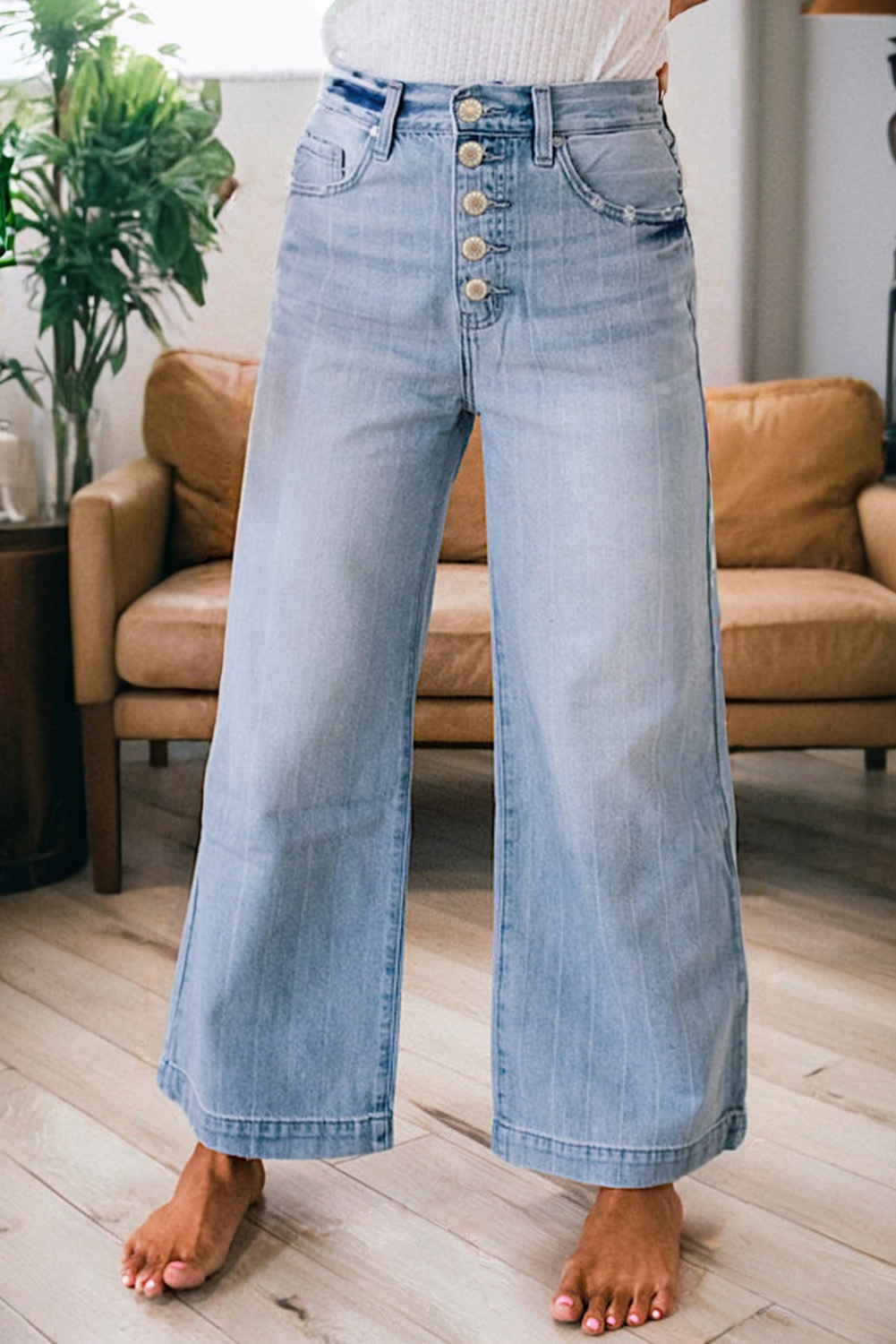 Jean Azul Multicolor Botones Rayas Finas Pierna Ancha
