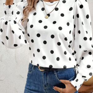 Blusa Blanco Lunares Manga Larga Cuello Redondo