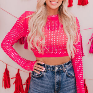 Top Corto Rosa Strass Malla Manga Larga