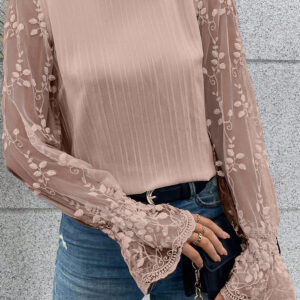 Blusa Damasco Rosa Encaje Cuello Alto