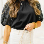 Blusa Negro Con Textura Manga Globo