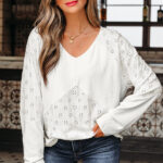 Blusa Blanco Bordado Manga Larga Suelta Escote V