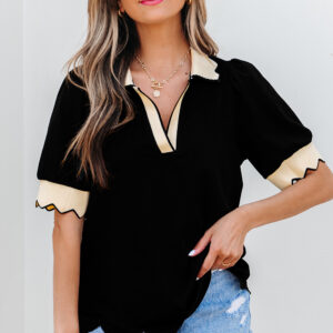 Blusa Negro Manga Abullonada Escote V