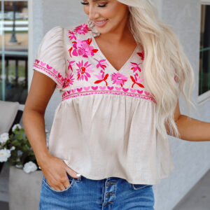 Blusa Beige Floral Manga Corta Escote V