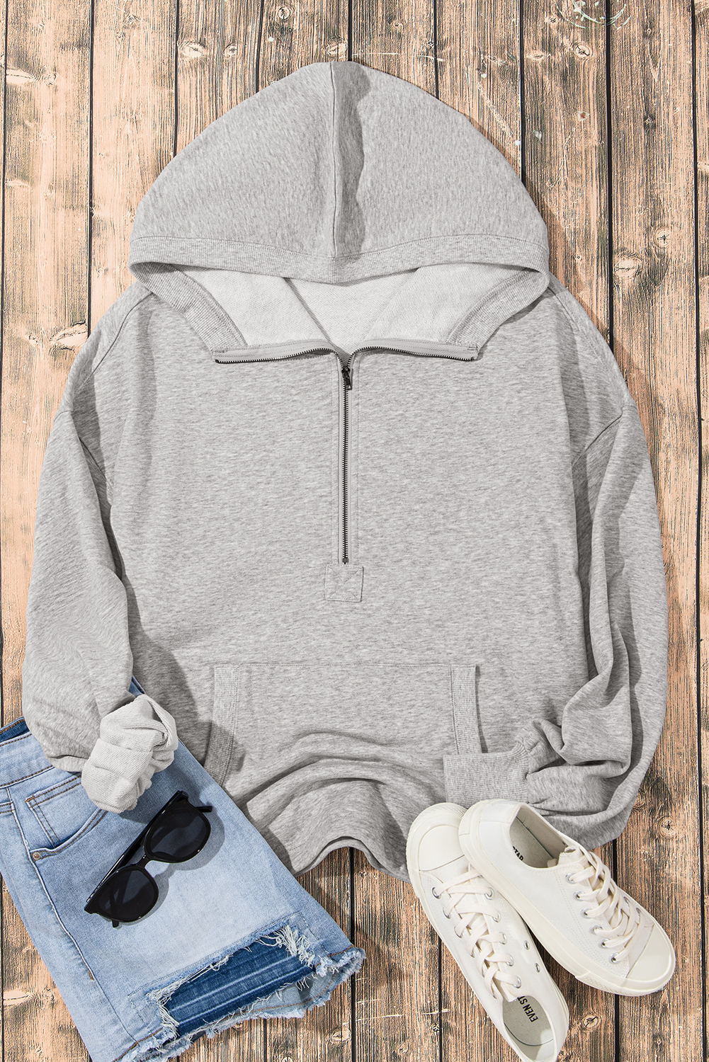 Hoodie Gris Claro Bolsillo Canguro Oversize Con Cierre - Image 5