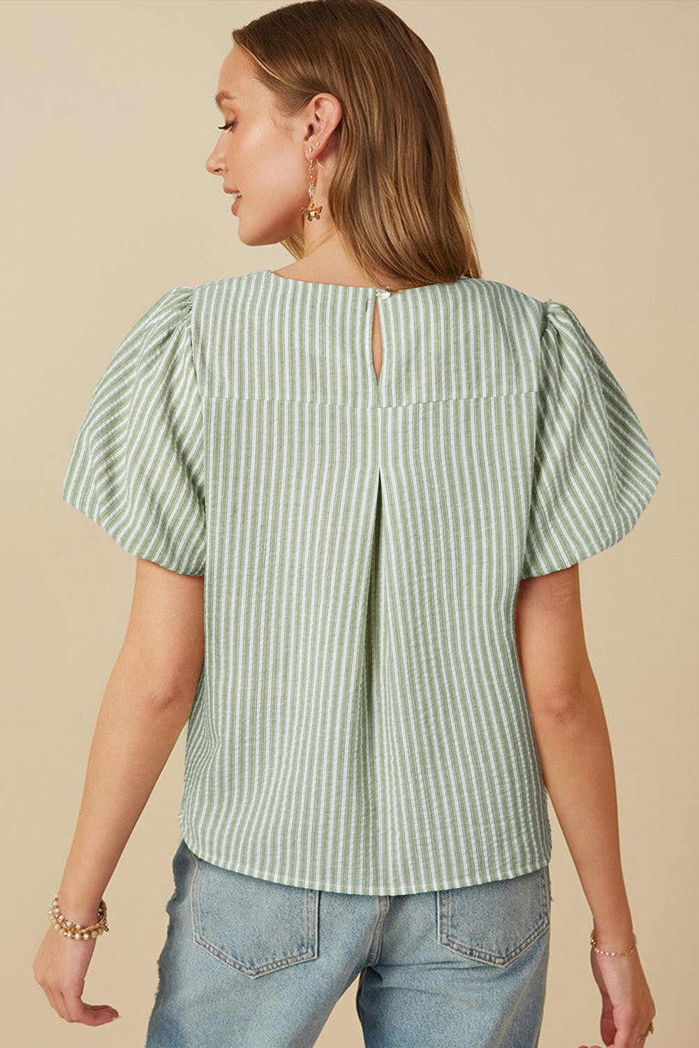 Blusa Verde a Rayas Manga Abullonada Cuello Redondo - Image 2